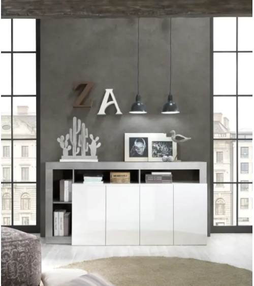 Buffet HAMBURG – Blanc laqué brillant / Béton
